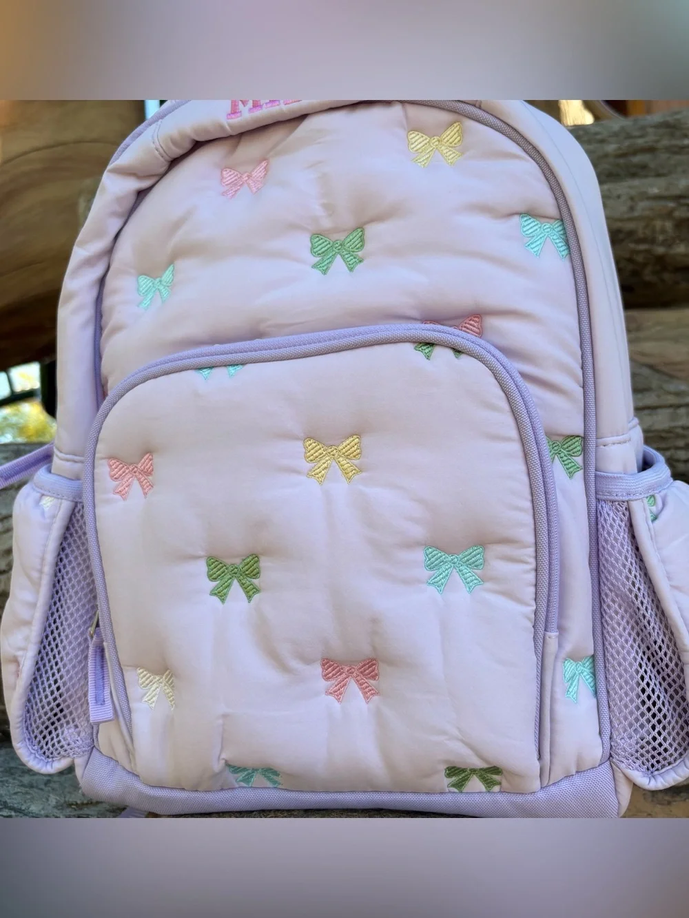 New Pottery Barn Mackenzie Puffer Lavender Bows Backpack Size Small